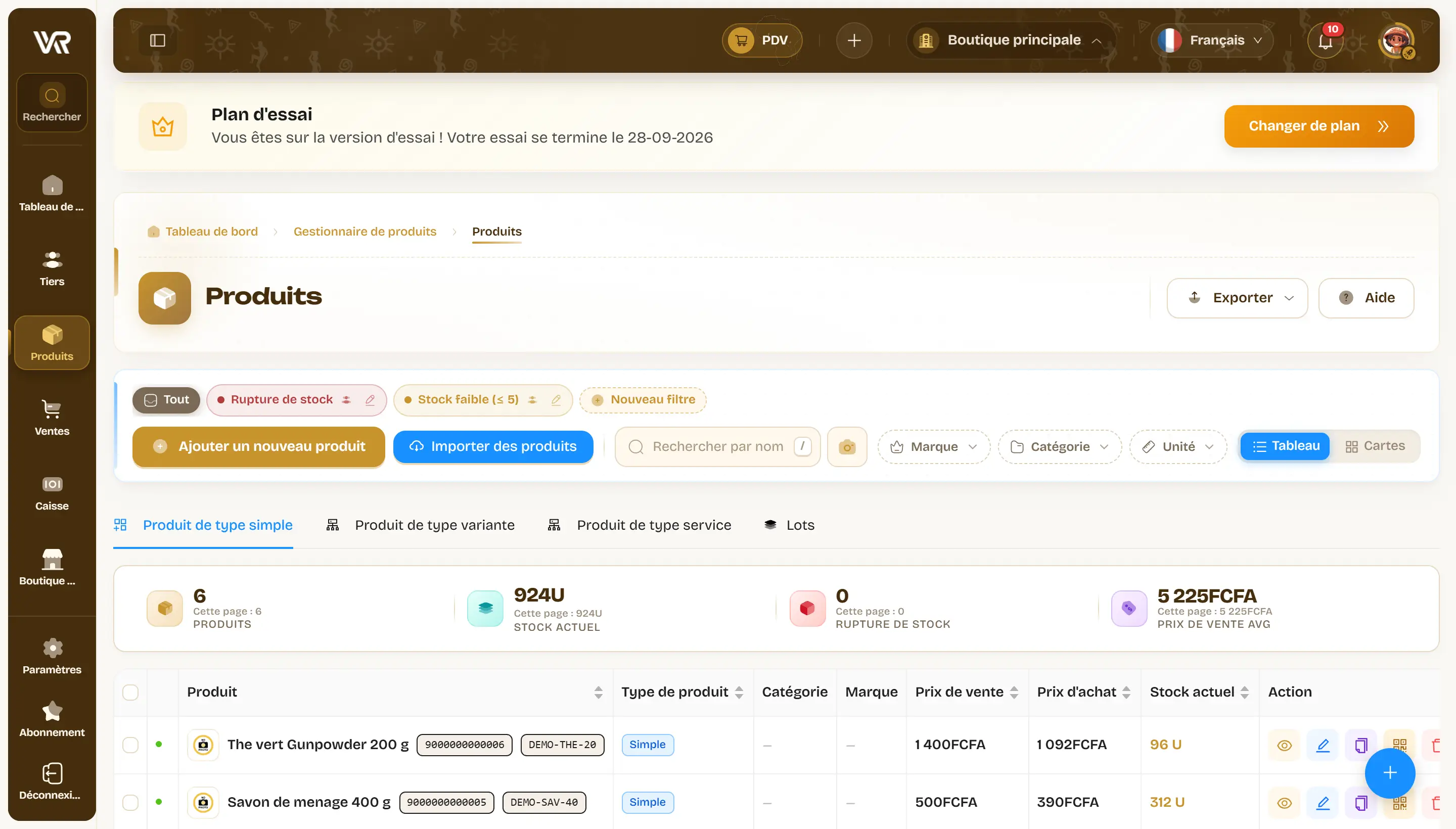La liste des produits : chaque matière première avec son stock et son prix. C’est la réserve que l’outil suit — pas la salle, et pas la décomposition d’un plat.
