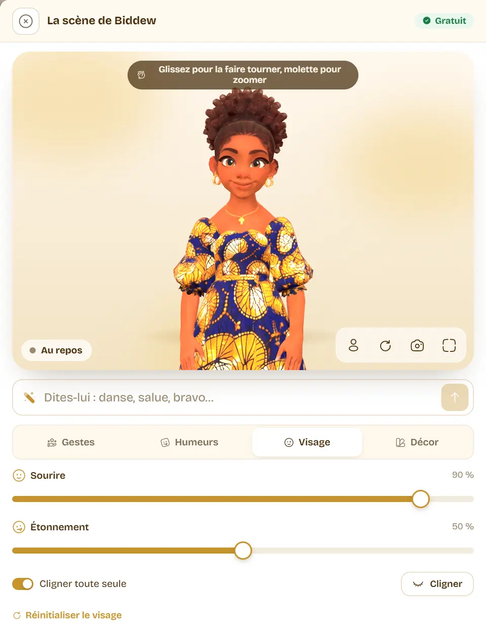 L’onglet Visage de la scène : Biddew de près, le sourire réglé à 90 %, l’étonnement à 50 %, le clignement automatique et le bouton Cligner.