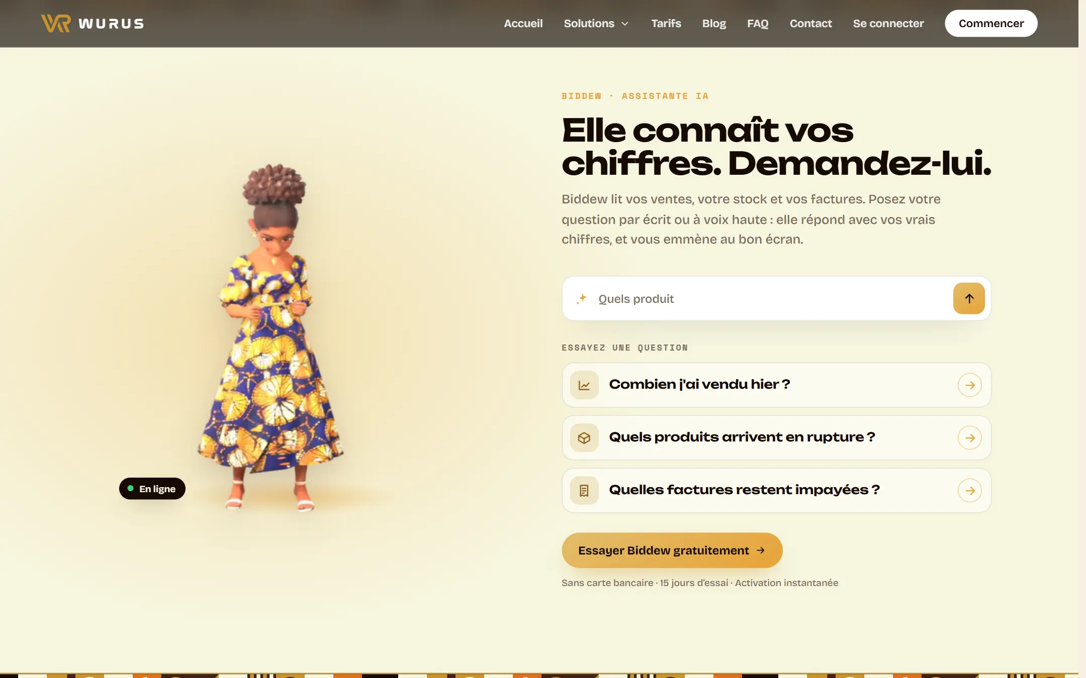 La section Biddew de l’accueil du site Wurus : Biddew en pied à gauche, le titre « Elle connaît vos chiffres. Demandez-lui. » et trois questions à essayer.
