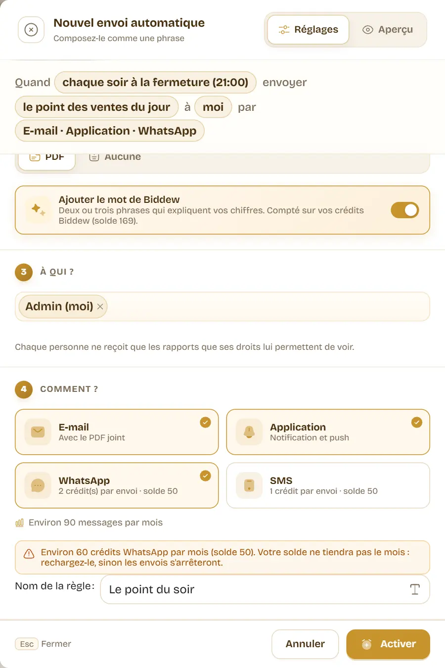 Choosing channels: e-mail and app included, WhatsApp at two credits per send with the PDF, SMS at one credit, and the month’s credit estimate against the balance.
