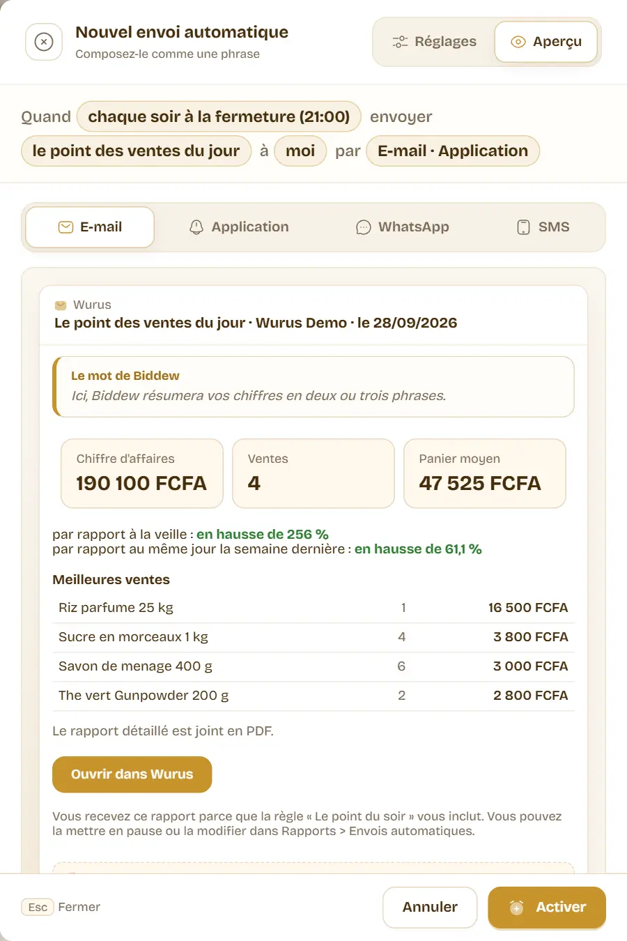 L’aperçu de l’e-mail avec l’encadré « Le mot de Biddew » au-dessus des chiffres du jour et des meilleures ventes.