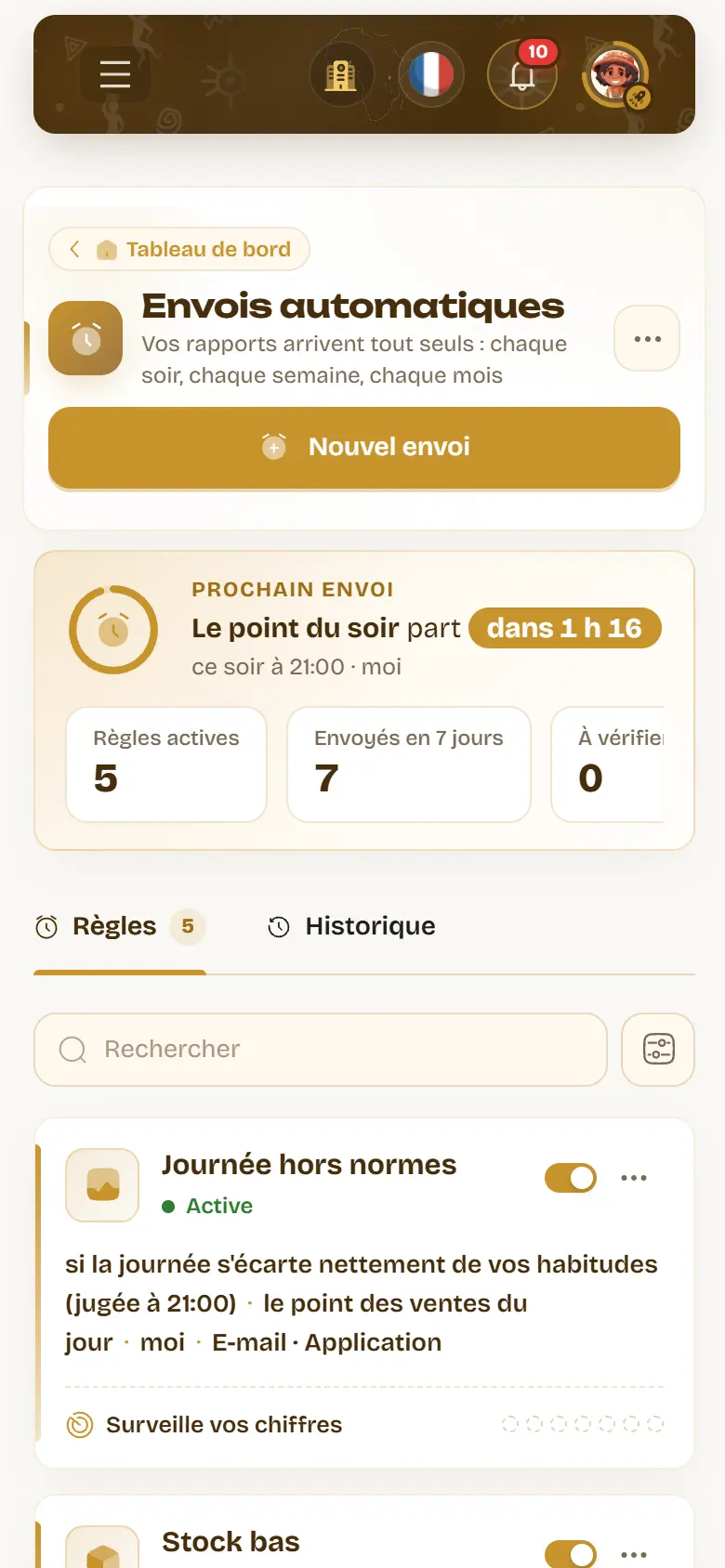 The automatic sends page on a phone: the next send with its countdown, the active rules and their switches.