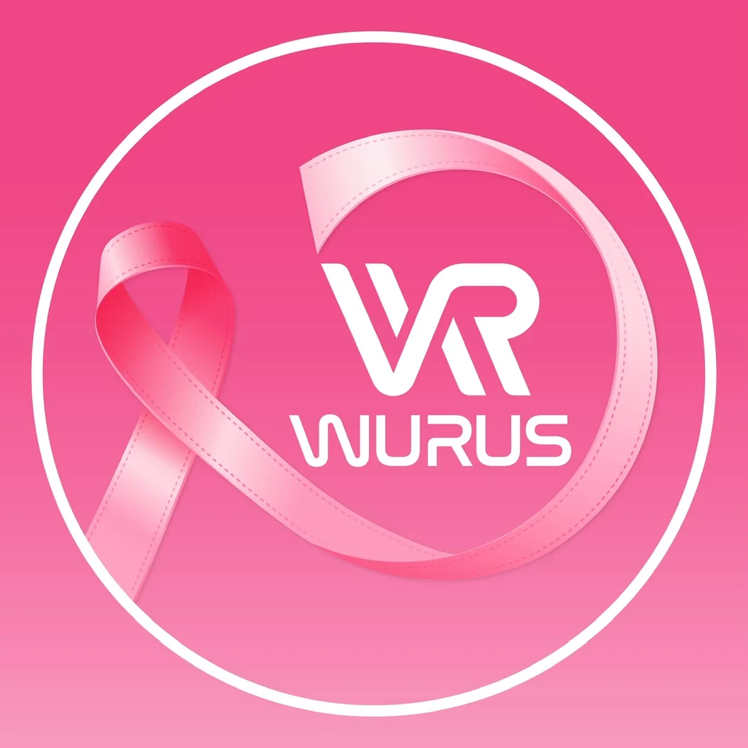 The white WURUS logo wrapped in a pink ribbon, on a pink background inside a white circle.