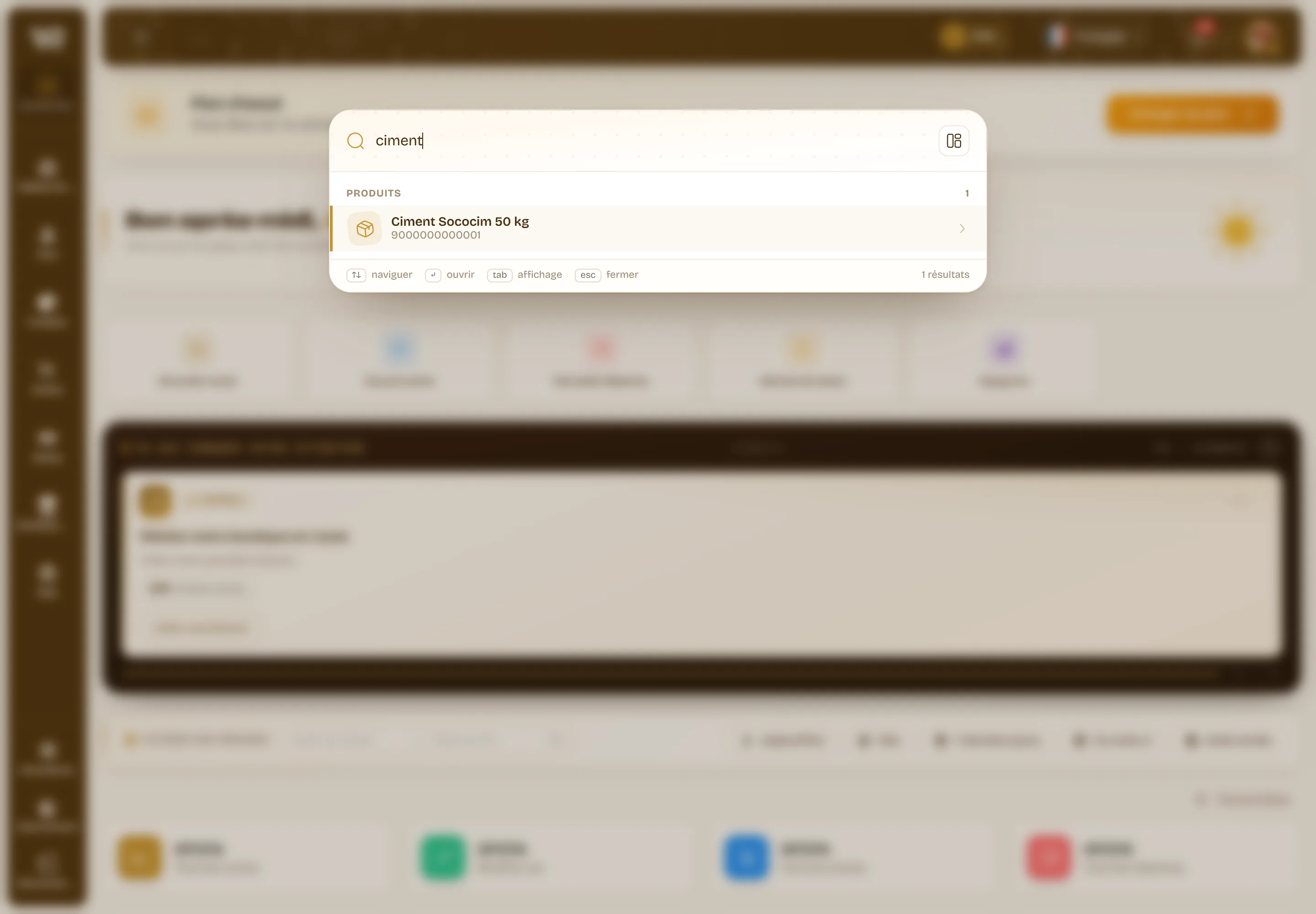 La palette ouverte sur « ciment » : un résultat sous PRODUITS avec son code article, et les raccourcis naviguer, ouvrir, affichage, fermer.