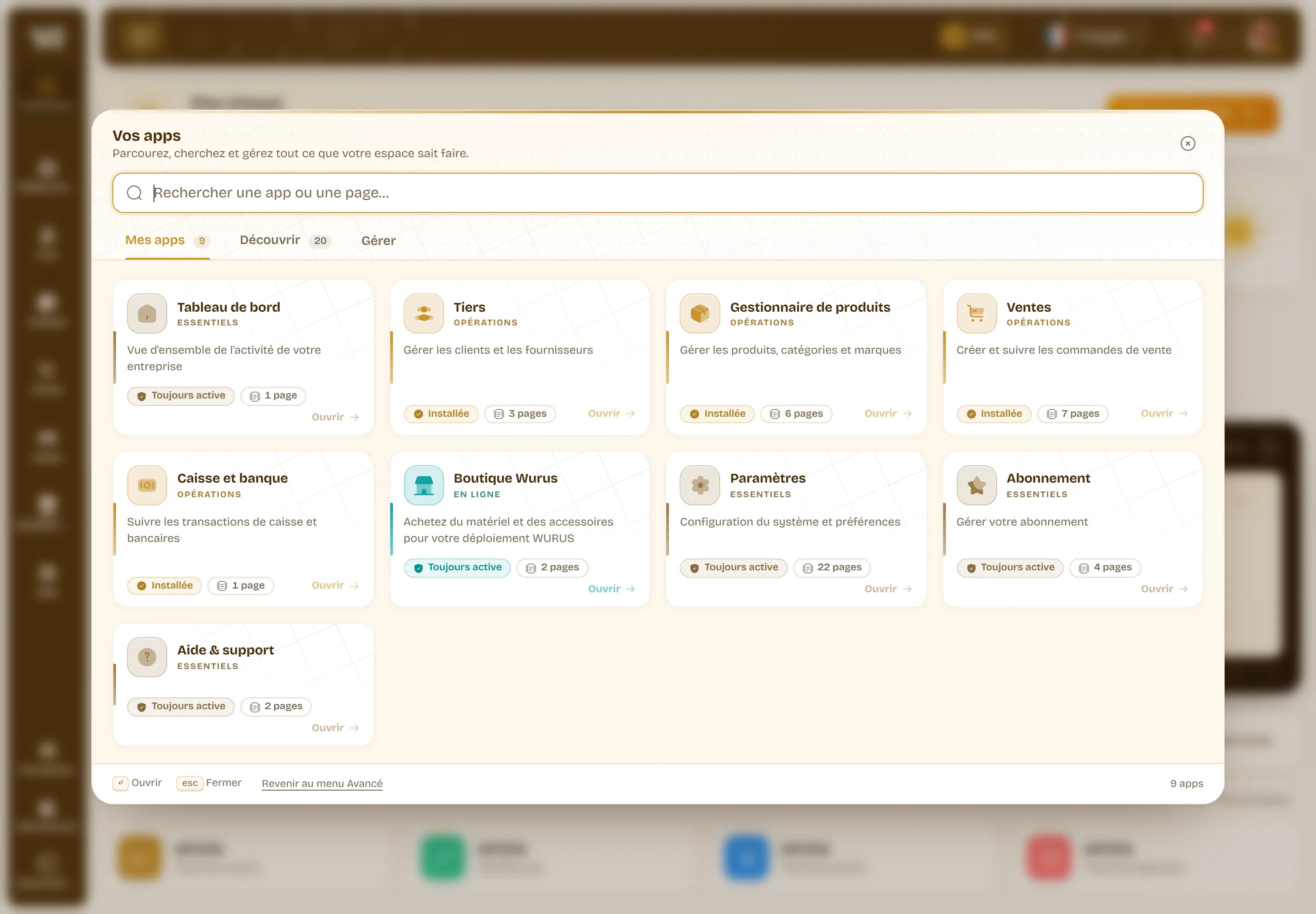 Le panneau « Vos apps » avec ses trois onglets — Mes apps, Découvrir, Gérer — et des cartes portant la famille, le nombre de pages et l’état installé.