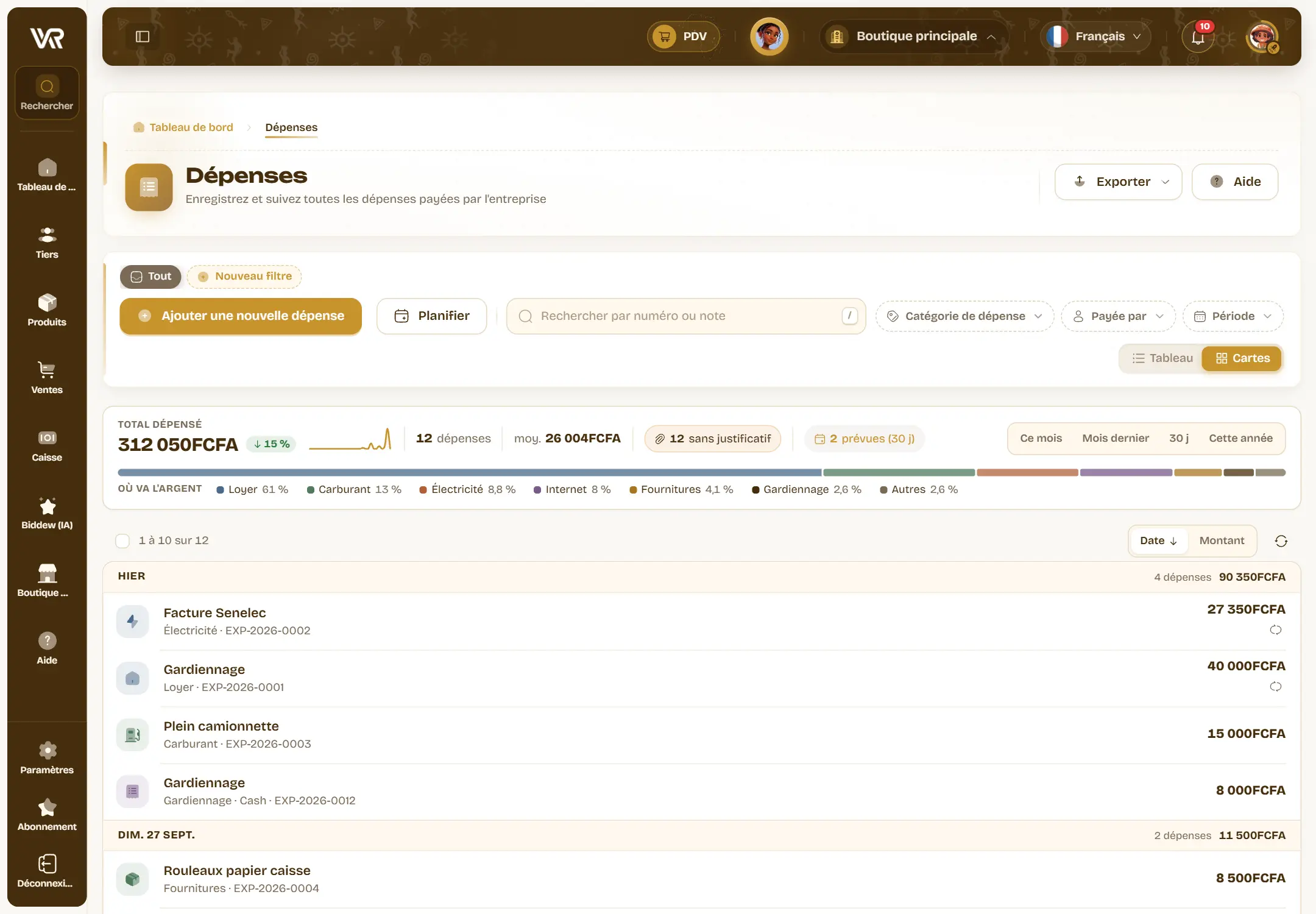 L’écran Dépenses : 312 050 FCFA dépensés, en baisse de 15 %, 12 dépenses sans justificatif, 2 prévues, la répartition Loyer, Carburant, Électricité, Internet, puis la liste regroupée par jour.