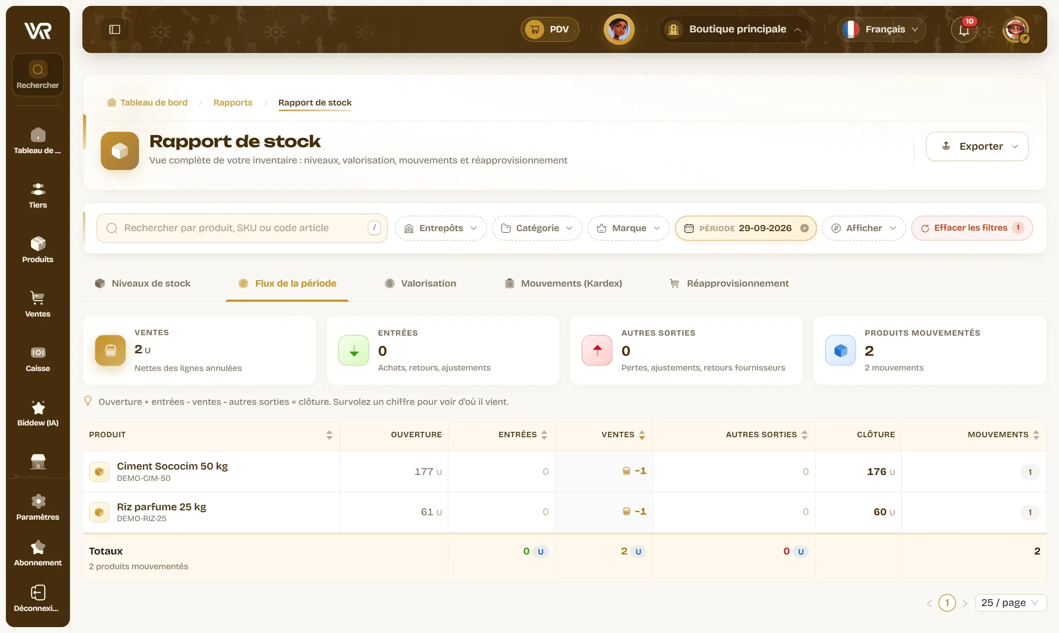 L’onglet Flux de la période du rapport de stock : ventes, entrées, autres sorties, et pour chaque produit l’ouverture, les ventes et la clôture.