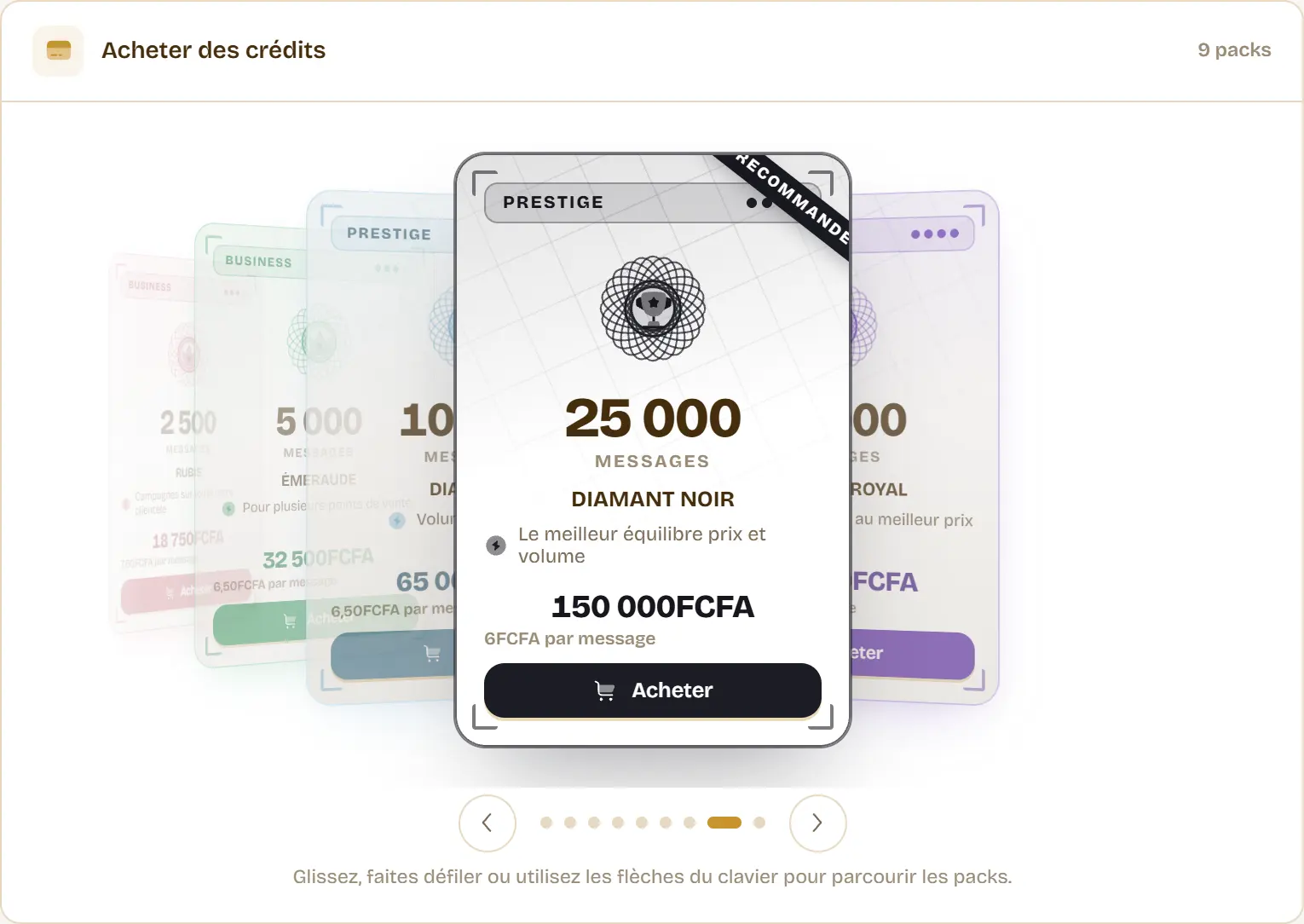 Le jeu de cartes des packs WhatsApp, ouvert sur DIAMANT NOIR, le pack recommandé : 25 000 messages pour 150 000 FCFA, 6 FCFA le message.