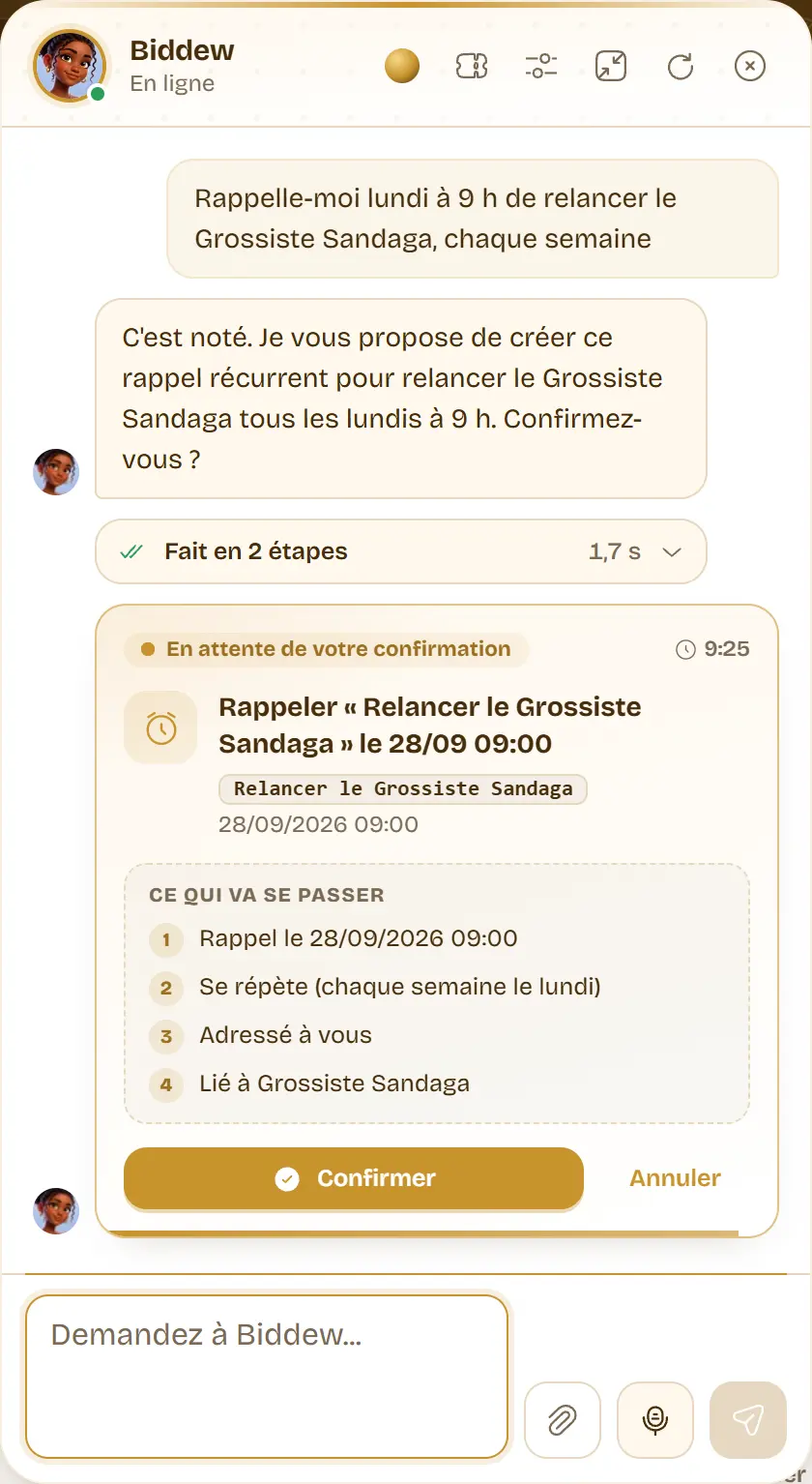 Biddew propose un rappel récurrent chaque lundi à 9 h pour relancer un fournisseur, avec la carte de confirmation.
