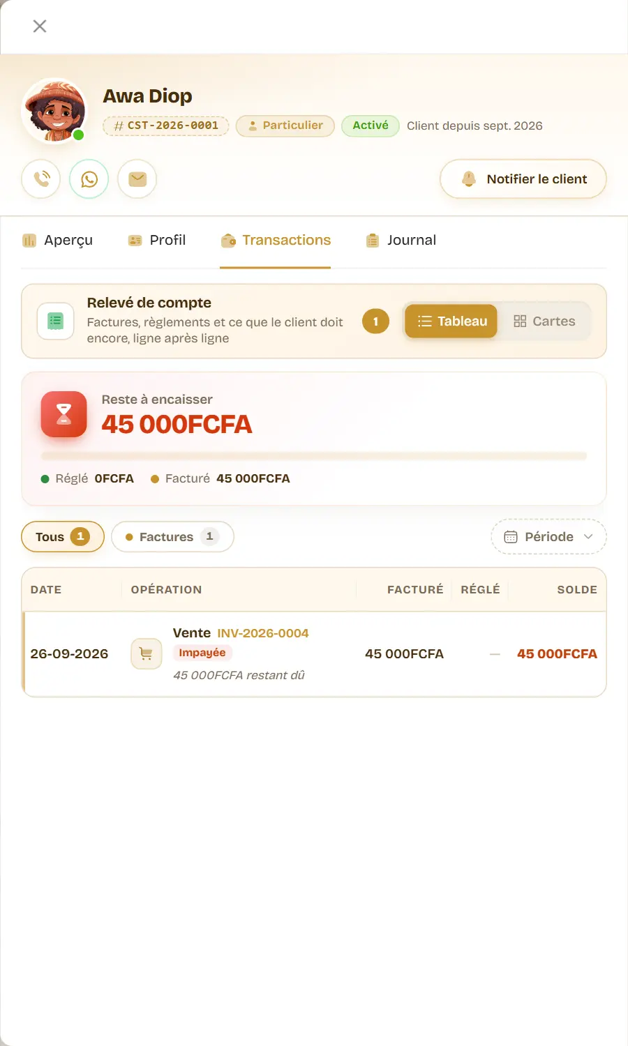 Le relevé de compte de la cliente : reste à encaisser en tête, puis chaque vente avec son statut, le montant facturé, réglé, et le solde cumulé.