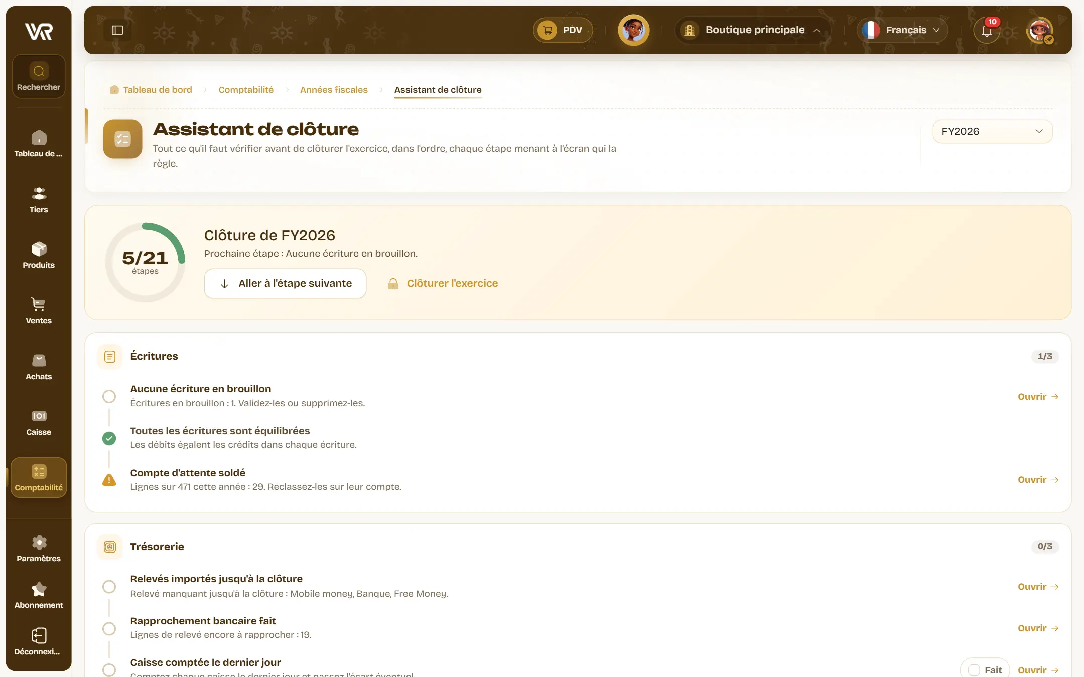 L’assistant de clôture de l’exercice : 5 étapes sur 21 franchies, et la liste ordonnée des vérifications, écritures puis trésorerie.