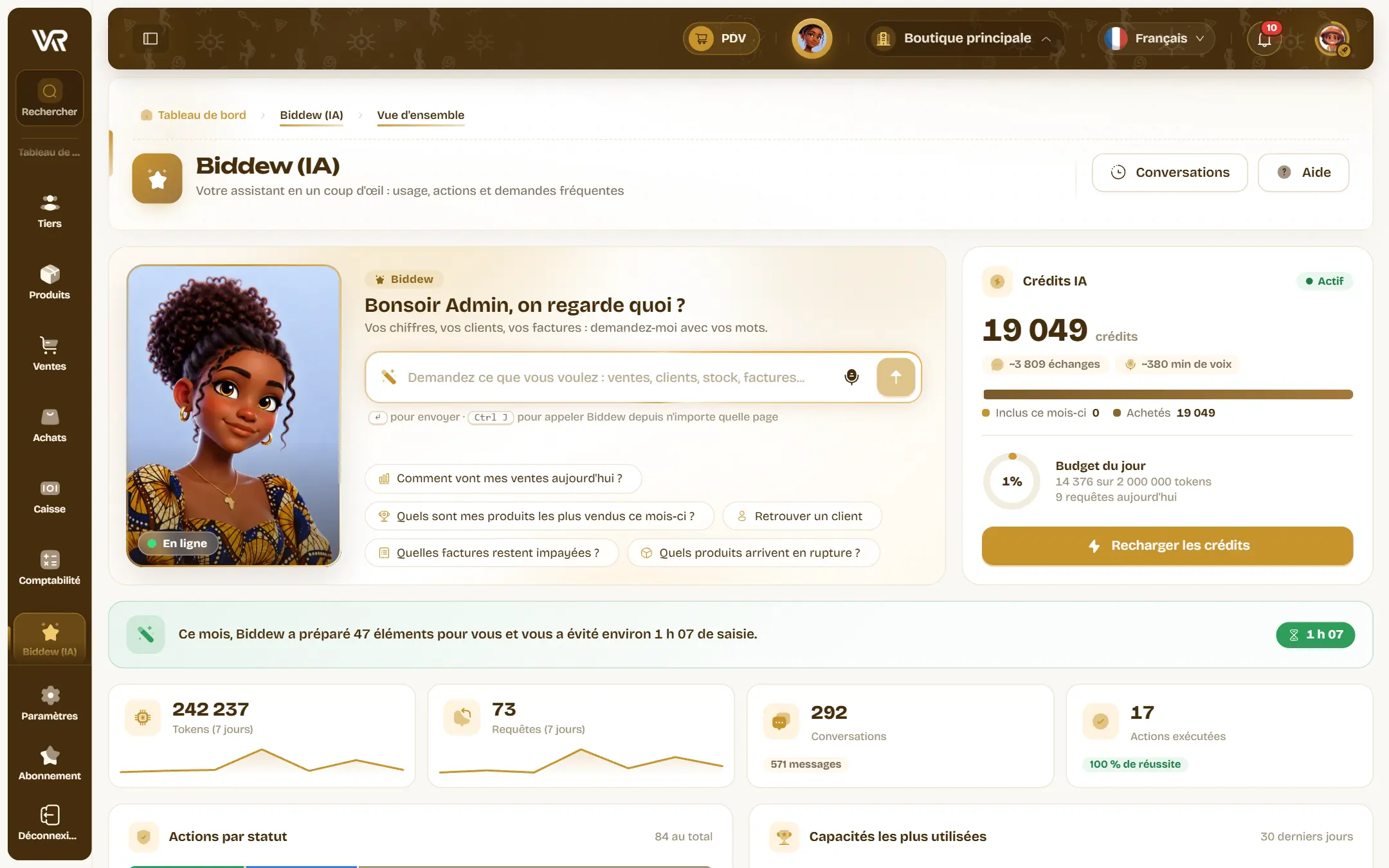 Le hub de Biddew : la question du jour, les crédits restants, et le bandeau « ce mois, Biddew a préparé 47 éléments et vous a évité environ 1 h 07 ».