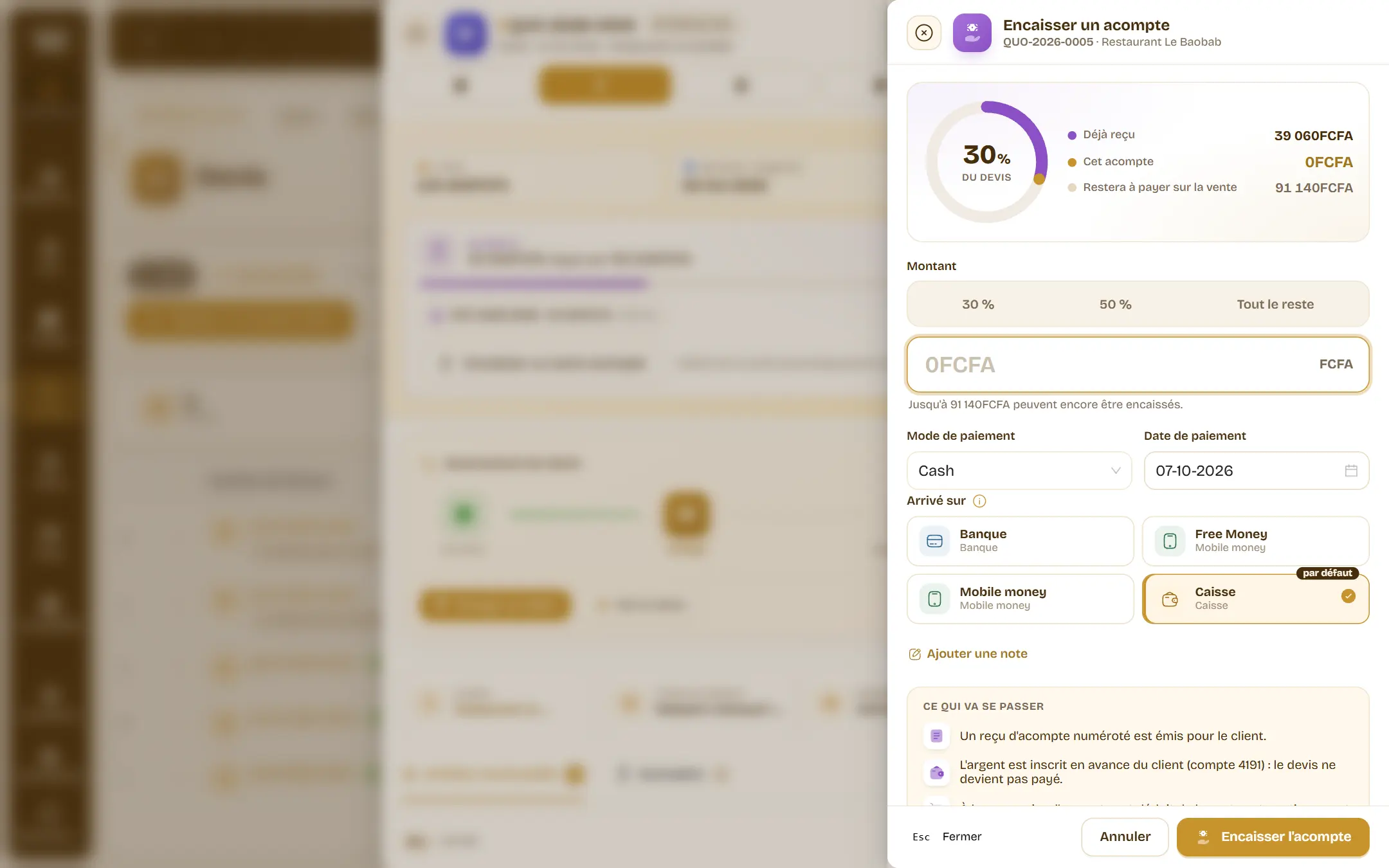 « Encaisser un acompte » sur un devis : 30 % déjà reçus, les choix 30 %, 50 % ou tout le reste, le champ Arrivé sur, et l’argent inscrit au compte 4191.