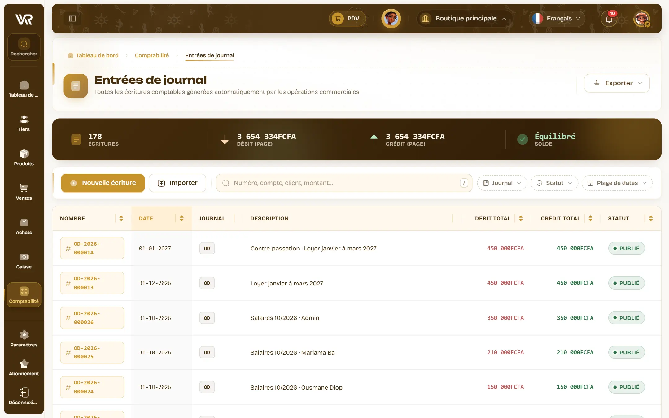 La liste des entrées de journal : 178 écritures équilibrées, la barre unique de recherche et de filtres, et le bouton Nouvelle écriture.