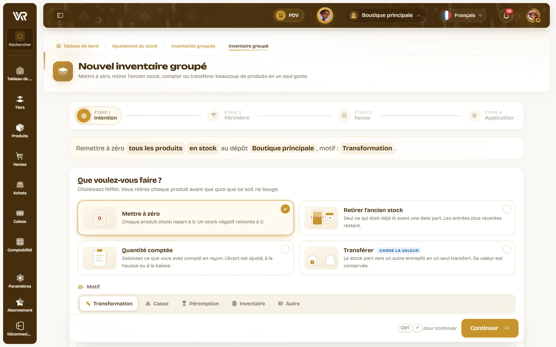 L’assistant d’inventaire groupé : la phrase qui résume l’opération, et les quatre modes, mettre à zéro, retirer l’ancien stock, quantité comptée, transférer.