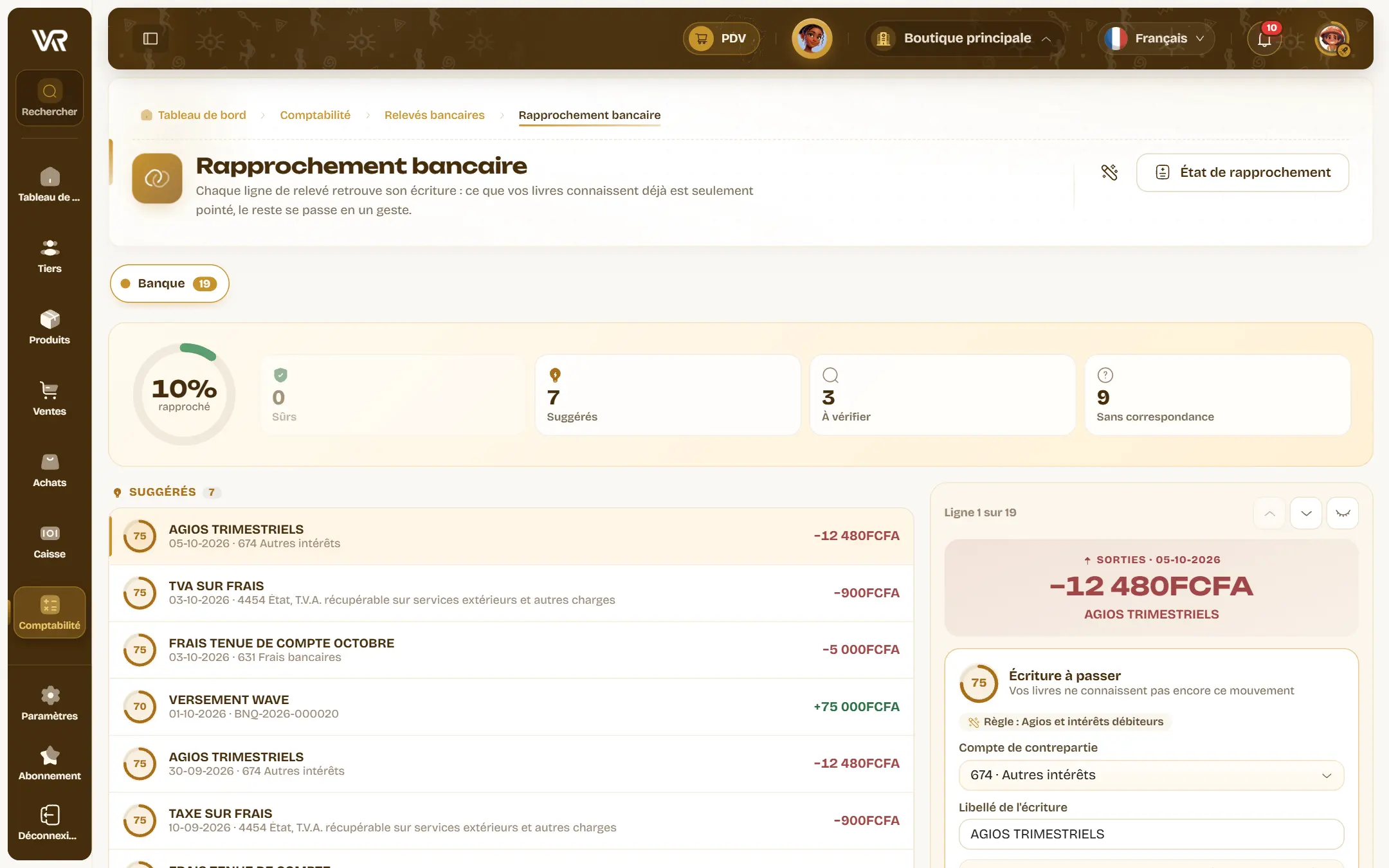 Le rapprochement bancaire : lignes suggérées avec leur score de 70 ou 75, et à droite la ligne d’agios trimestriels avec l’écriture proposée au compte 674.