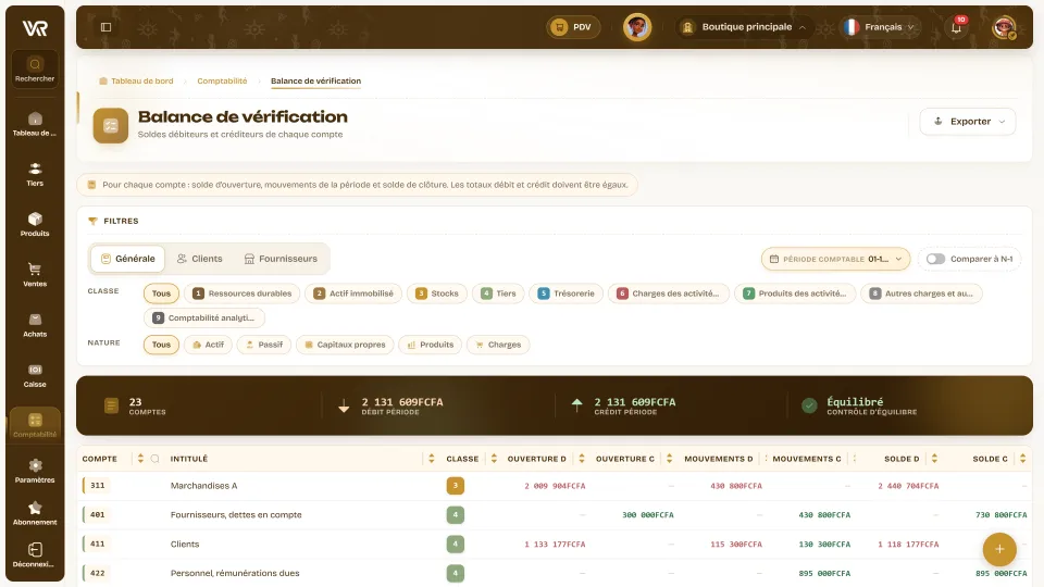 Balance de vérification Wurus : filtres par classe SYSCOHADA et par nature, comparaison à N-1, totaux équilibrés et soldes par compte