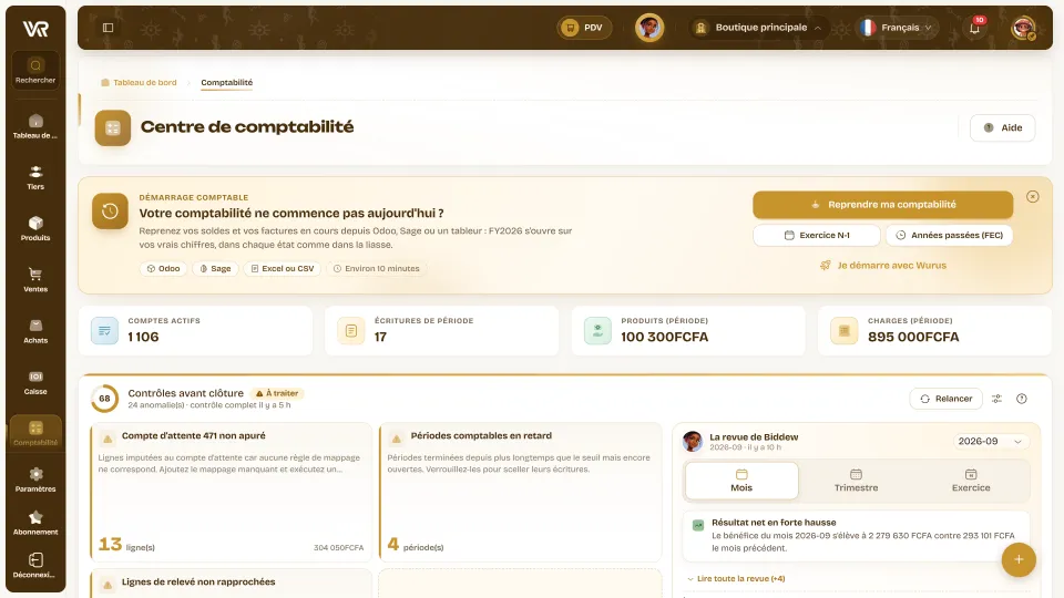 Centre de comptabilité Wurus : reprise de comptabilité, comptes actifs, écritures, produits et charges de la période, contrôles avant clôture et revue de Biddew