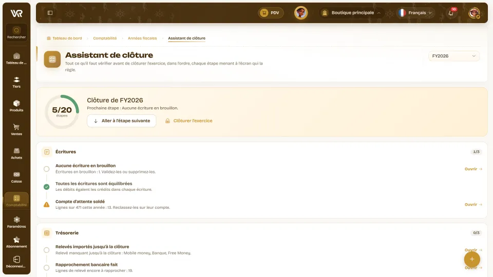 Assistant de clôture Wurus : étapes franchies, prochaine étape, clôturer l’exercice, contrôles des écritures et de la trésorerie