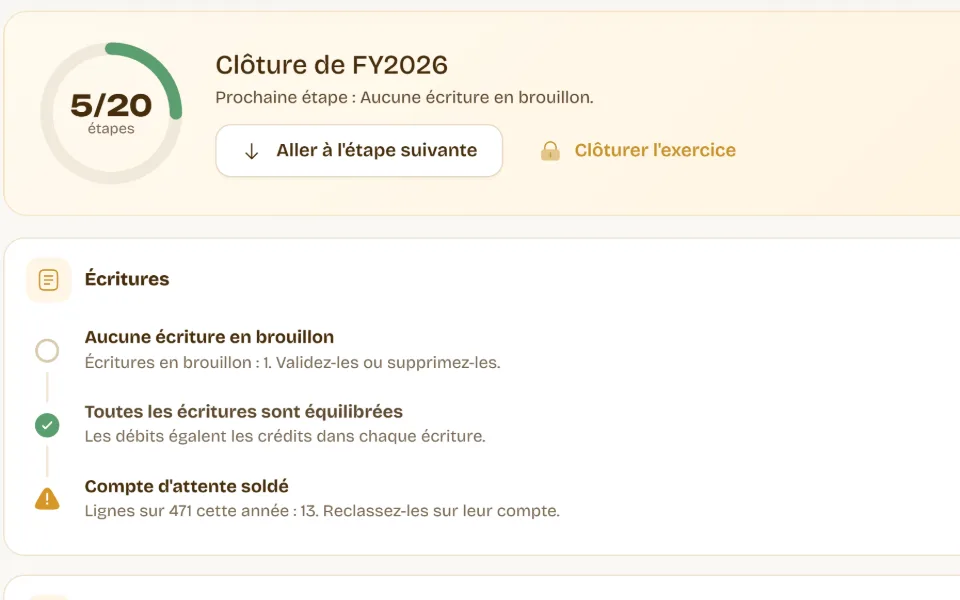 Gros plan de l’assistant de clôture : étapes, prochaine étape et contrôles des écritures