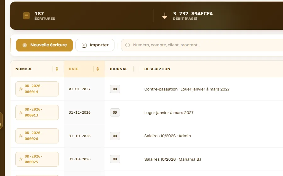 Gros plan des entrées de journal : nouvelle écriture, import et écritures avec leur journal