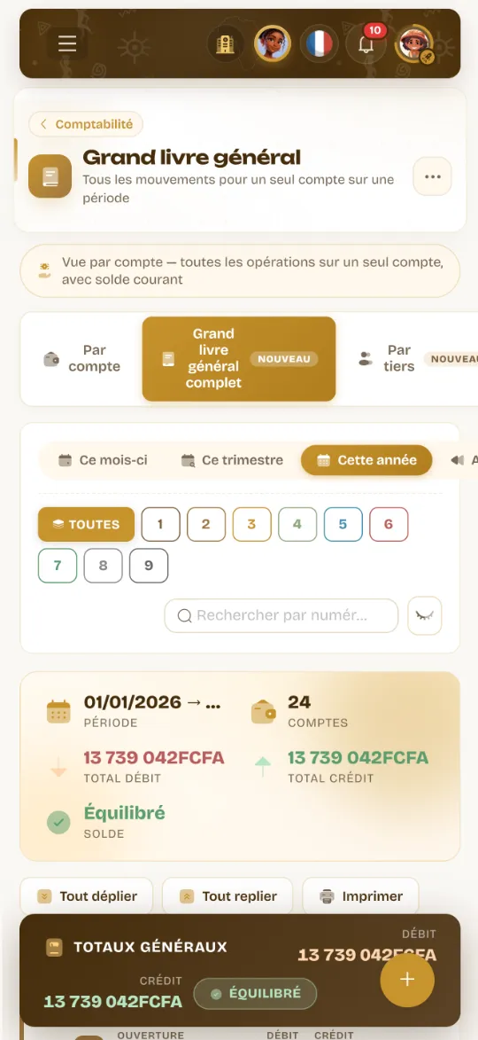 Le grand livre général de Wurus sur un téléphone : vue par compte, complète ou par tiers, classes, période, totaux équilibrés