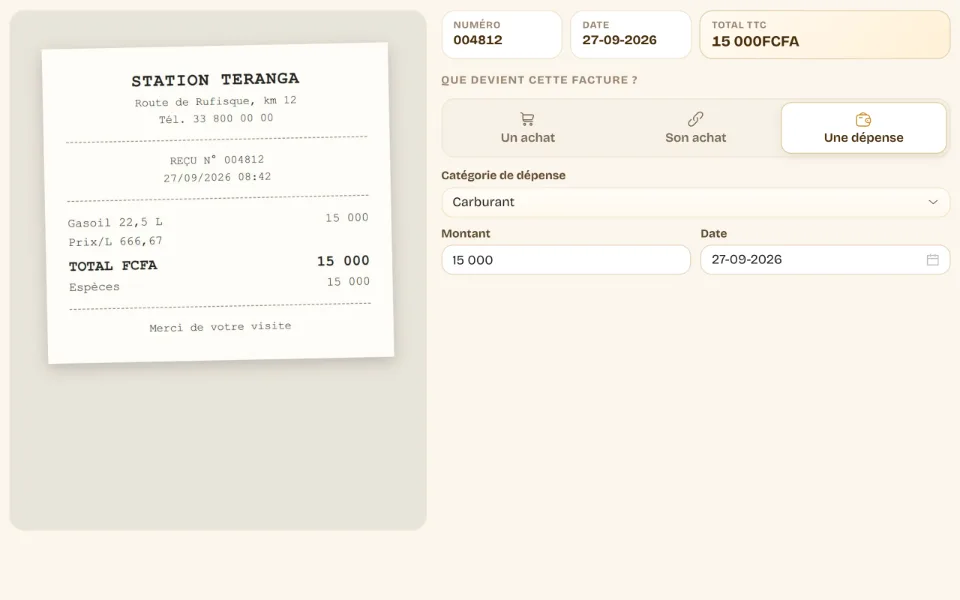 Gros plan d’un ticket de carburant lu par Biddew : la photo, le numéro, la date et le total