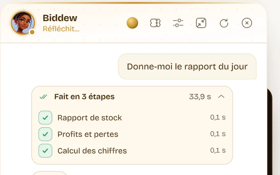 Gros plan de la conversation : une demande de rapport du jour et les trois étapes de calcul de Biddew