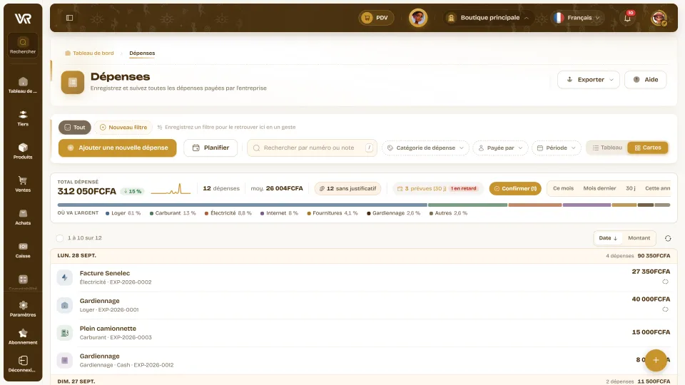 Liste des dépenses Wurus : total dépensé, répartition par catégorie, dépenses sans justificatif, dépenses prévues et liste du jour