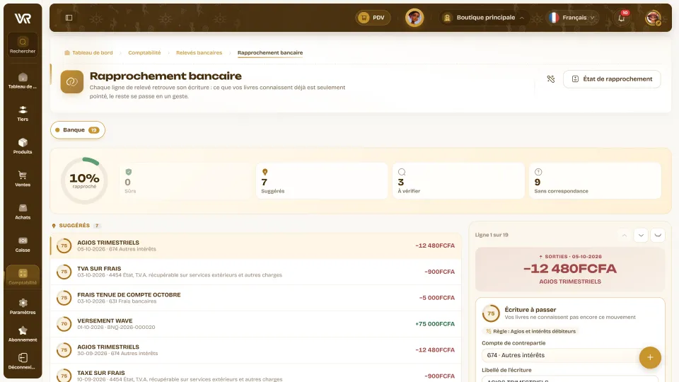 Rapprochement bancaire Wurus : part rapprochée, lignes suggérées, à vérifier ou sans correspondance, et écriture proposée pour des agios