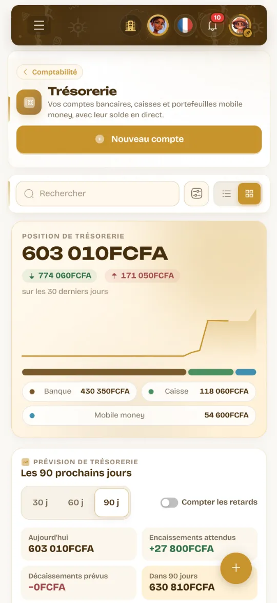 La trésorerie Wurus sur un téléphone : position, banque, caisse, mobile money et prévision des 90 prochains jours