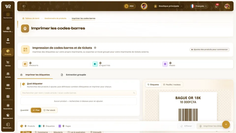 Écran d’impression des codes-barres : produits à étiqueter, quantité, aperçu d’une étiquette avec son code-barres