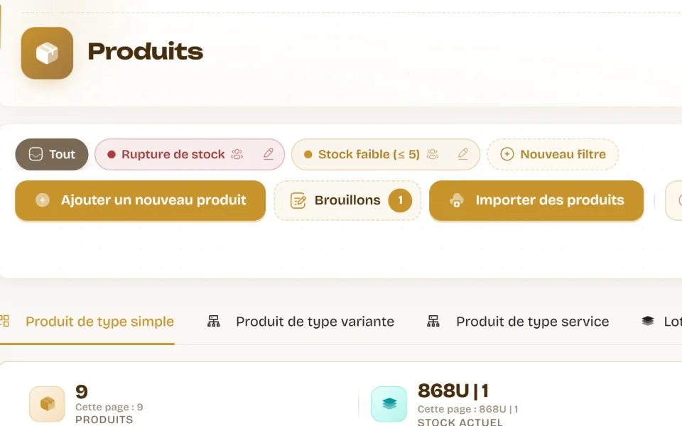 Gros plan de la liste des produits : ajout, brouillons, import et filtres de stock