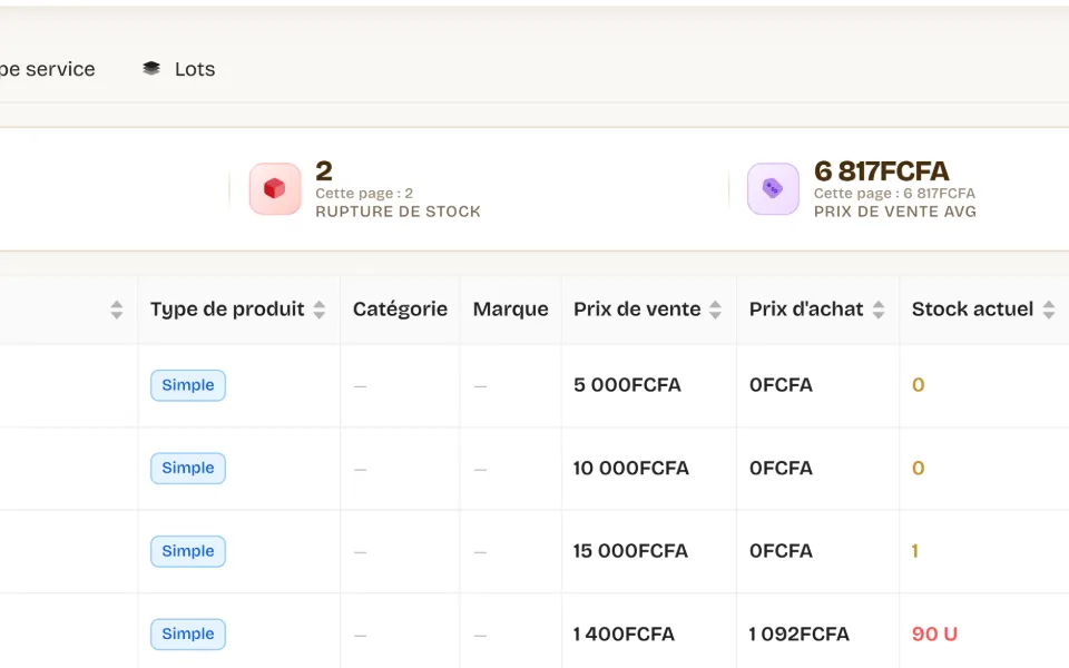 Gros plan de la liste des produits : type, prix de vente, prix d’achat et stock