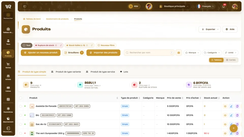 Liste des produits Wurus : types de produit, codes article et références, prix de vente, prix d’achat et stock