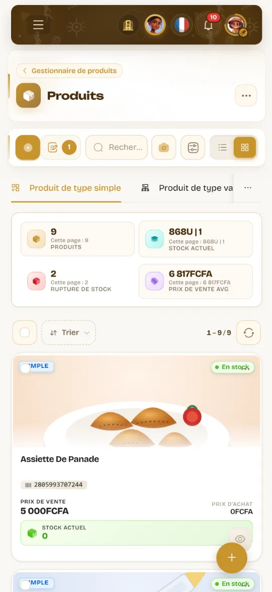 Le catalogue Wurus sur un téléphone : carte produit avec photo, code-barres, prix de vente, prix d’achat et stock