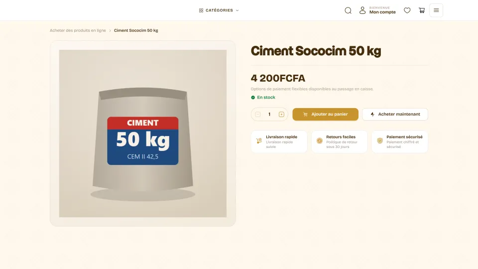 Fiche produit en ligne : photo du ciment 50 kg, prix, en stock, ajouter au panier, acheter maintenant