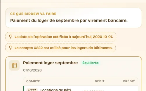 Gros plan d’une écriture proposée par Biddew : loyer de septembre, compte de loyer au débit, banque au crédit
