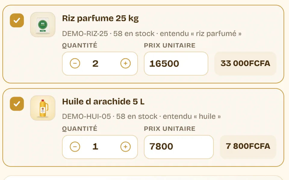 Gros plan des lignes proposées : le produit retrouvé, ce que Biddew a entendu, la quantité et le prix