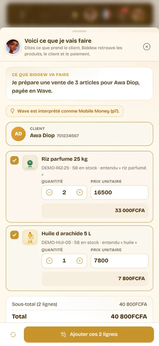 Biddew Compose sur un téléphone : la proposition de vente, le client Awa Diop, deux lignes, le total et le bouton pour les ajouter