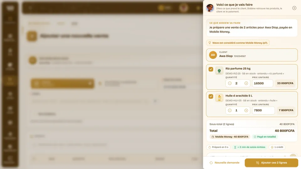Biddew Compose sur une nouvelle vente : ce que Biddew va faire, une supposition sur le paiement, le client, deux lignes retrouvées et le total