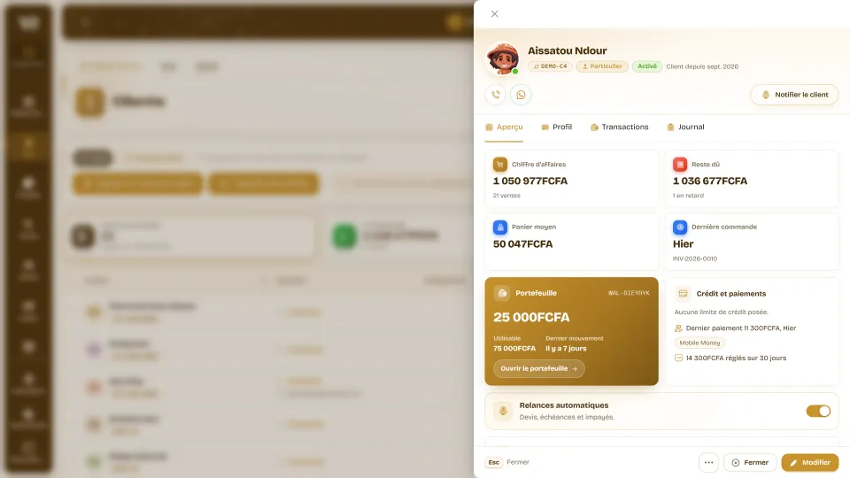 Fiche client Wurus : appel et WhatsApp, chiffre d’affaires, reste dû, panier moyen, dernière commande, portefeuille et relances automatiques