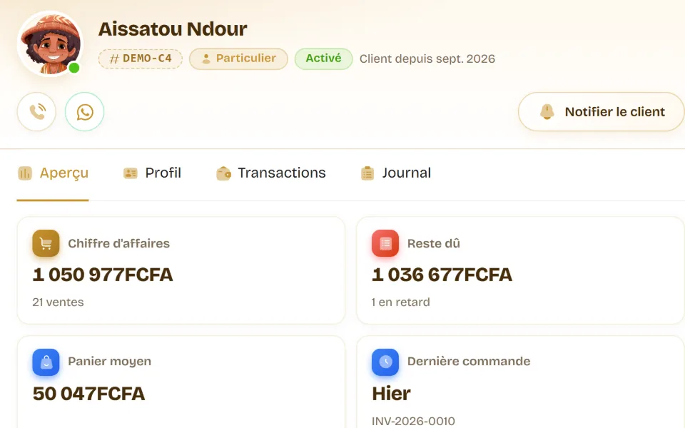 Gros plan d’une fiche client : appel et WhatsApp, chiffre d’affaires, reste dû, panier moyen et dernière commande
