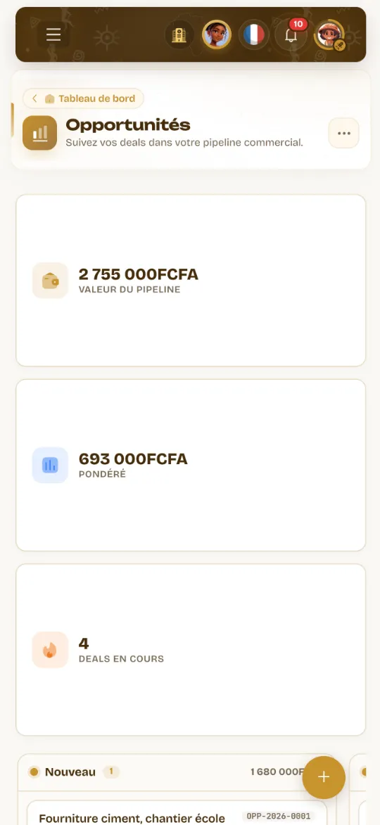Les opportunités Wurus sur un téléphone : valeur du pipeline, valeur pondérée, affaires en cours et première colonne du pipeline