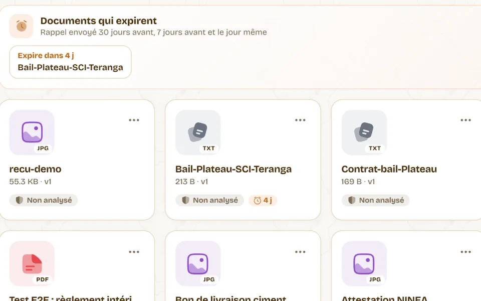 Gros plan de la GED : les documents qui expirent, avec leur rappel, et la version de chaque document
