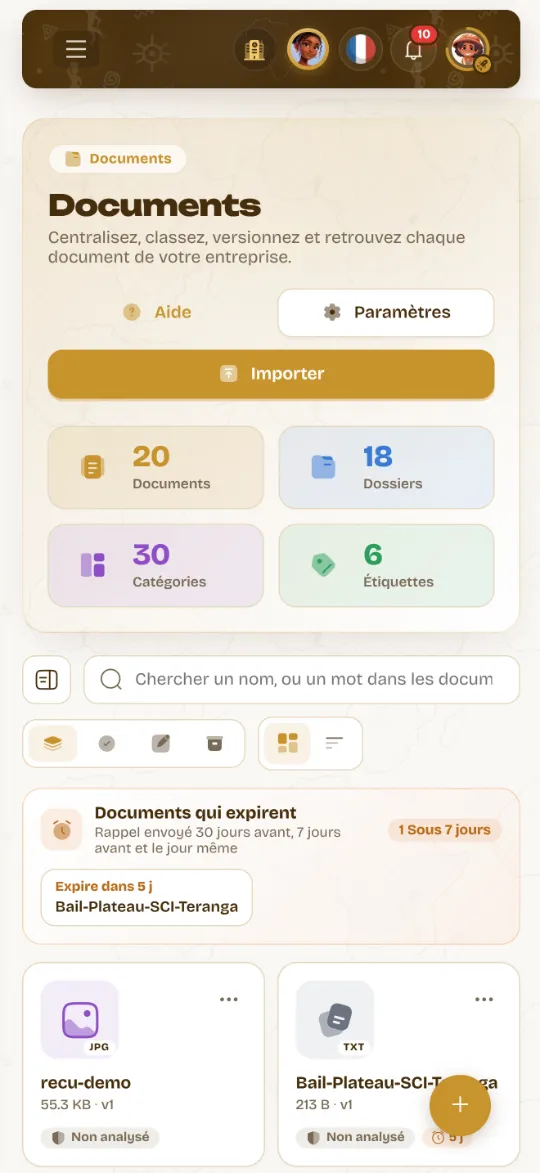 La GED Wurus sur un téléphone : importer, compteurs, recherche et documents qui expirent