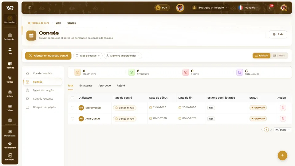 Congés Wurus : ajouter un congé, en attente, approuvé, rejeté, total des jours et demandes avec leur type, leurs dates et leur statut