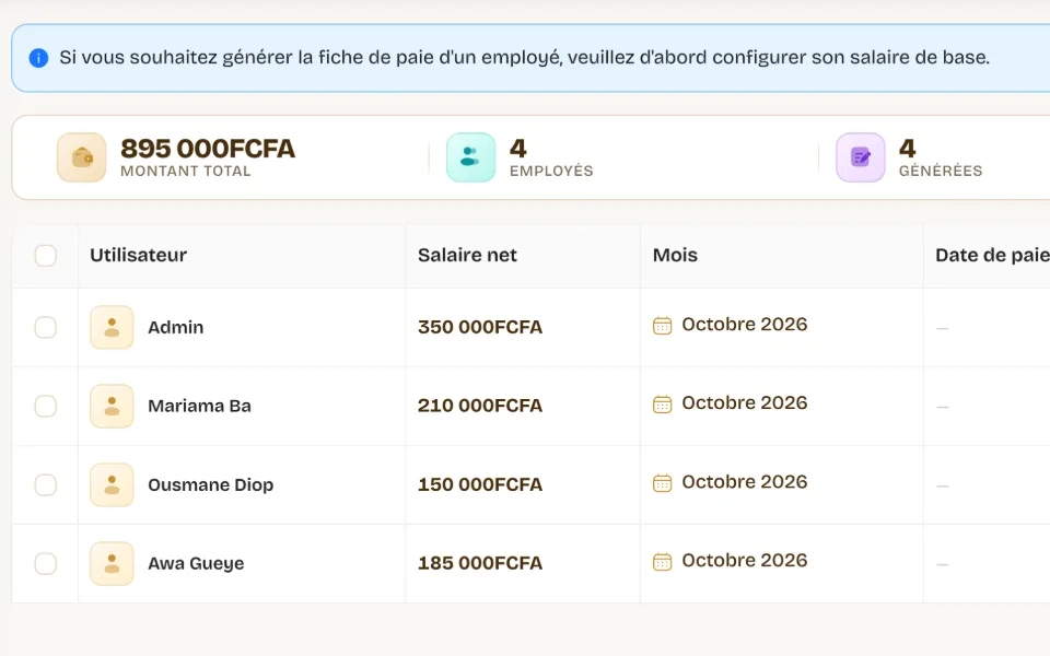 Gros plan de la paie : montant total, fiches générées et payées, salaire net par collaborateur