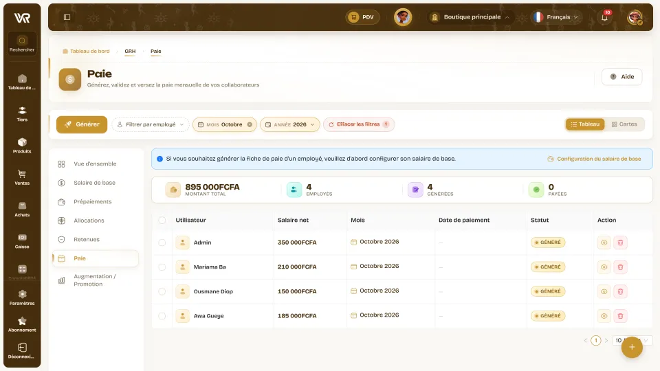 Paie Wurus : générer, filtres par mois, montant total, employés, fiches générées et payées, salaire net et statut par collaborateur