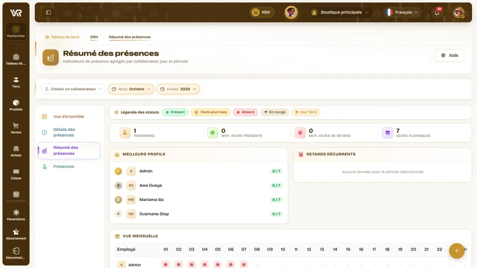 Résumé des présences Wurus : légende des statuts, indicateurs du mois et vue mensuelle jour par jour